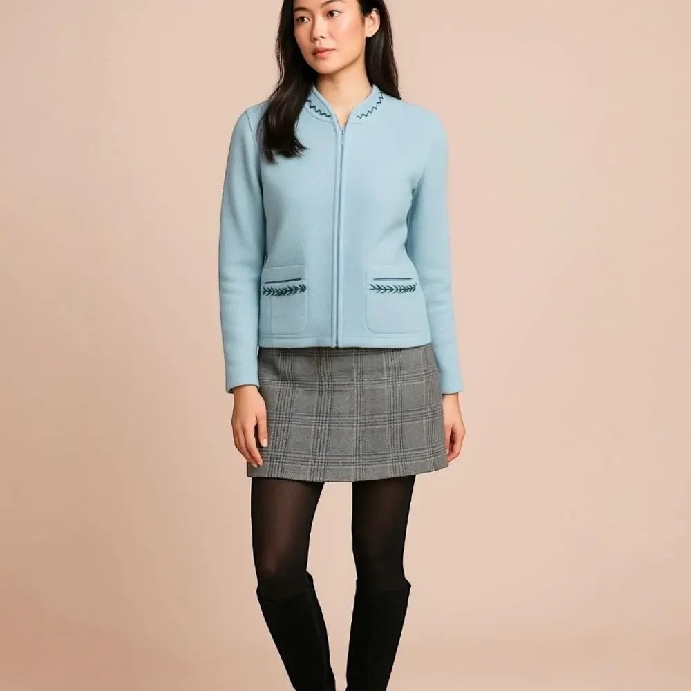 VTG 90s Petite Sophisticate Wool Zip Sweater Baby Blue Embroidered Alpine P Med